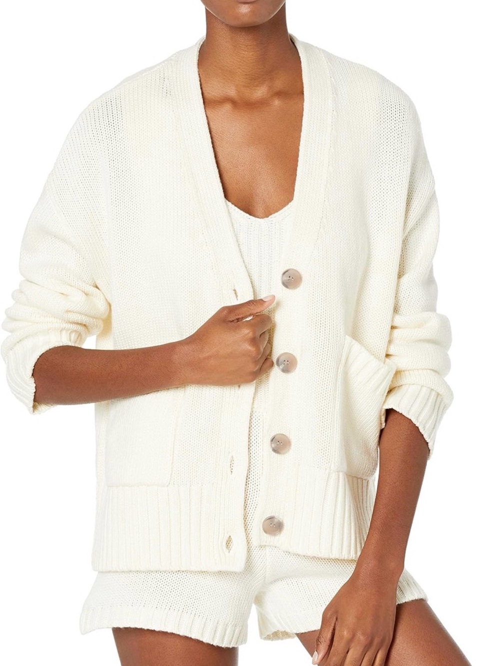 Cream V-Neck Button Cardigan Sweater
